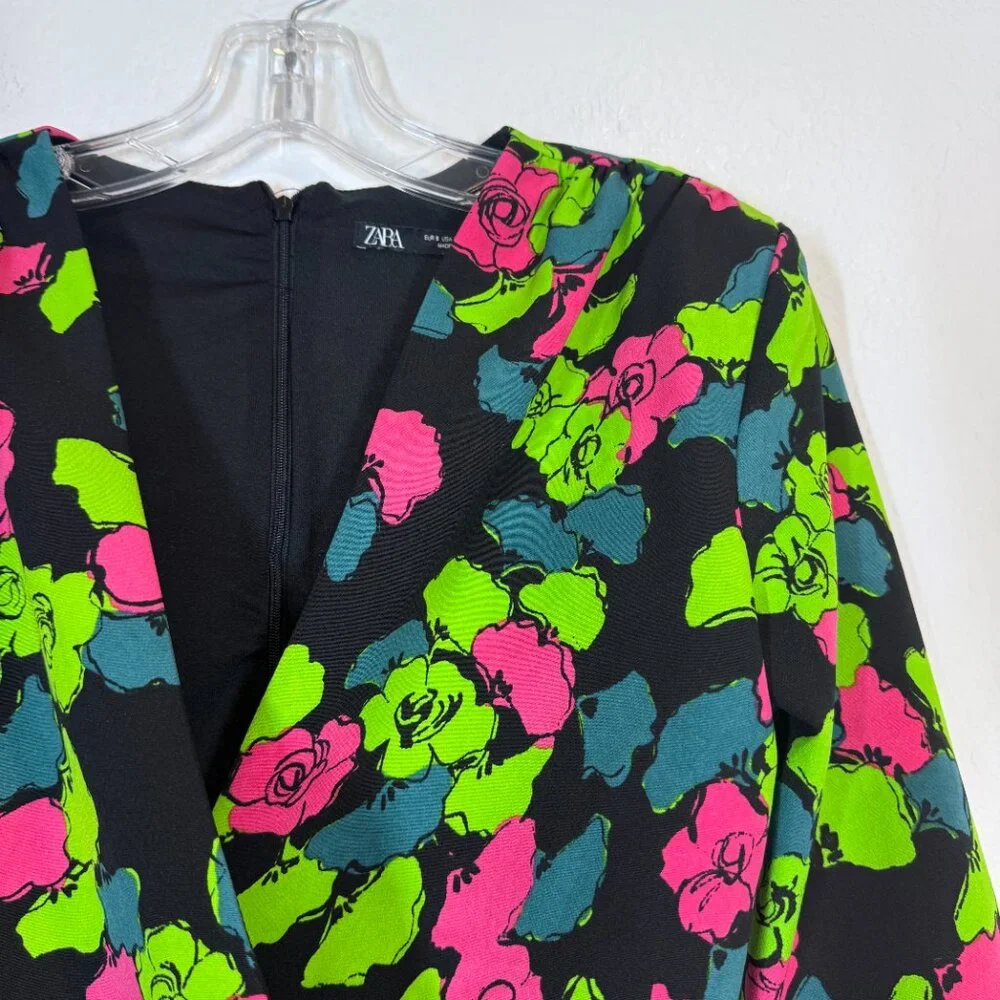 ZARA Floral Bodysuit Top Long Sleeve Wrap V Neck Black Pink Green Neon Small